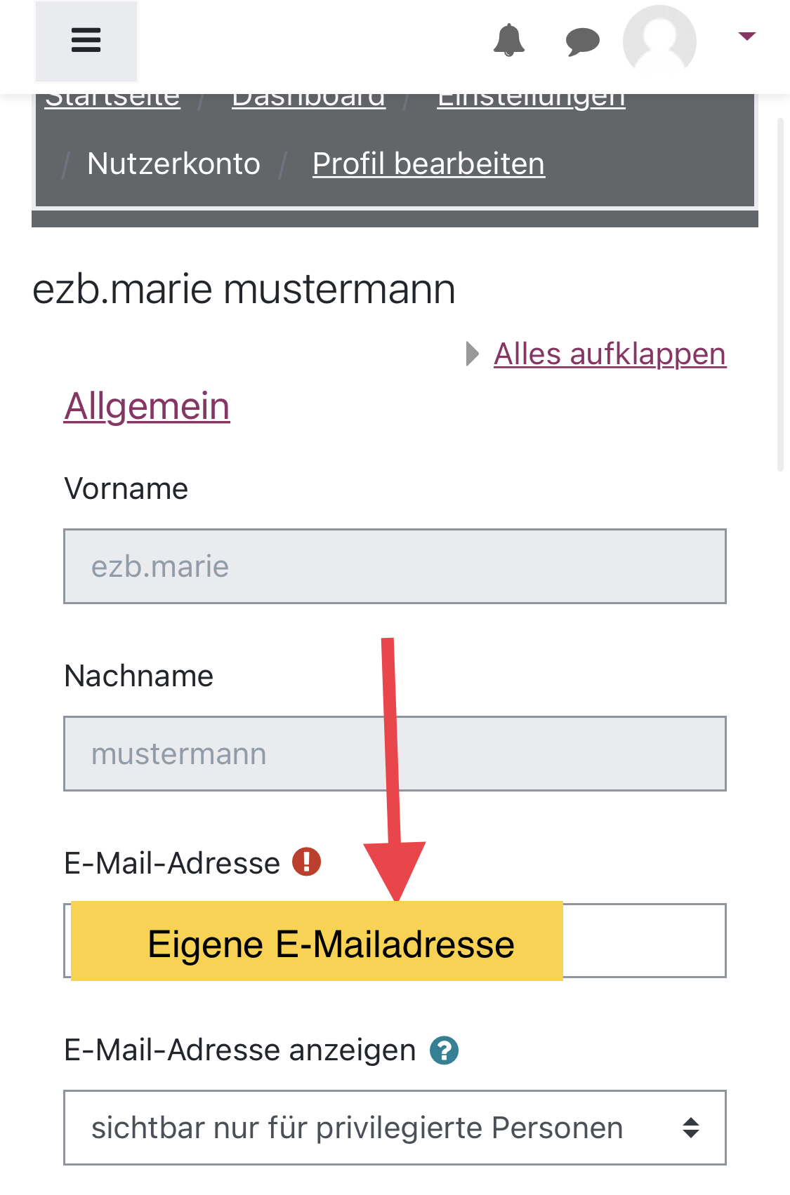 Mailadresse eintragen