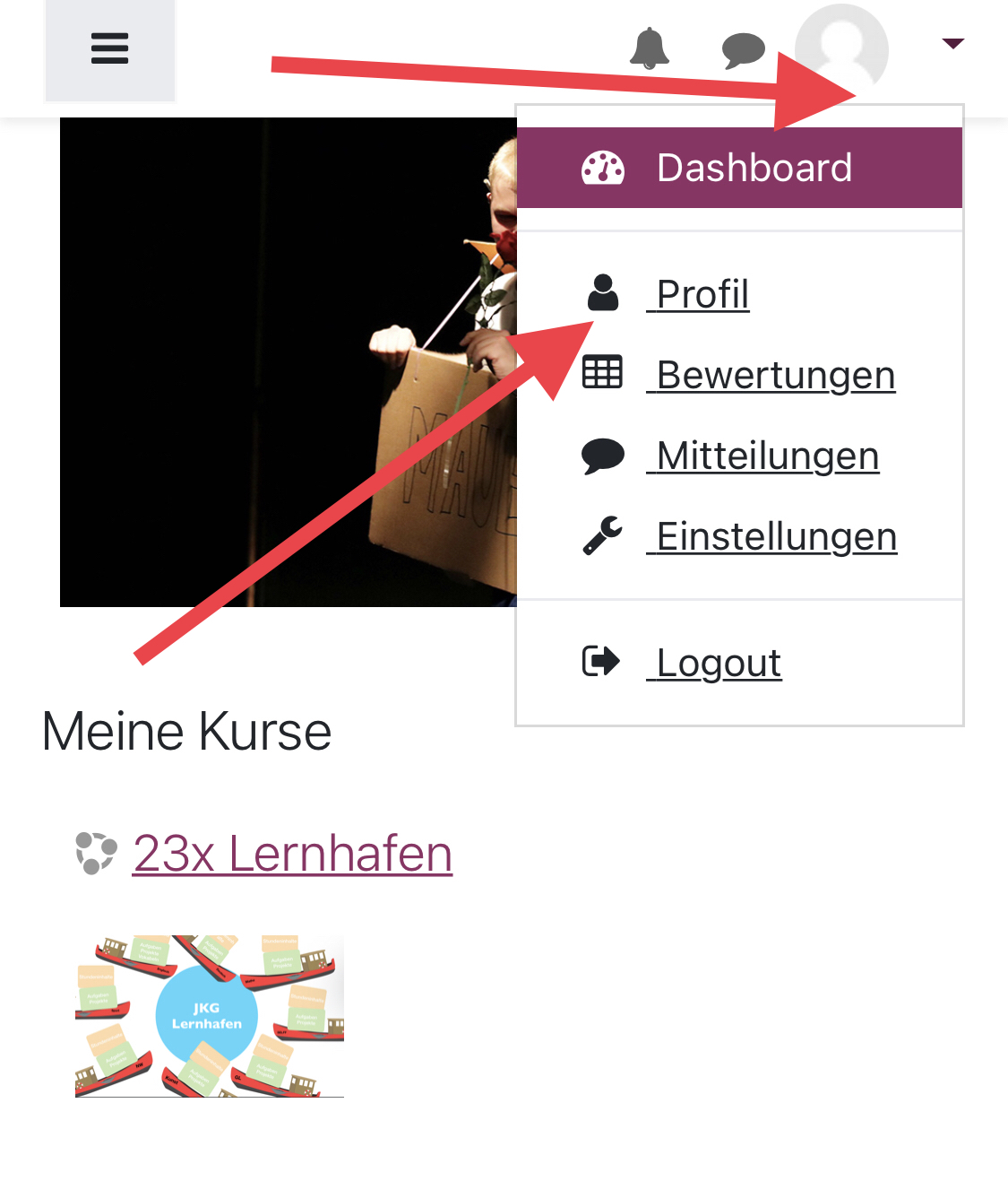 Gehen Sie rechts oben auf Ihren Anmeldenamen und dann auf Profil